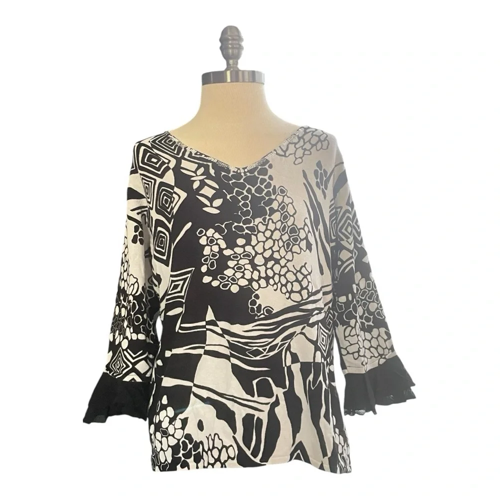 a la Carter blouse women’s size large black-white top 3/4 sleeve ruffle - Picture 3 of 15
